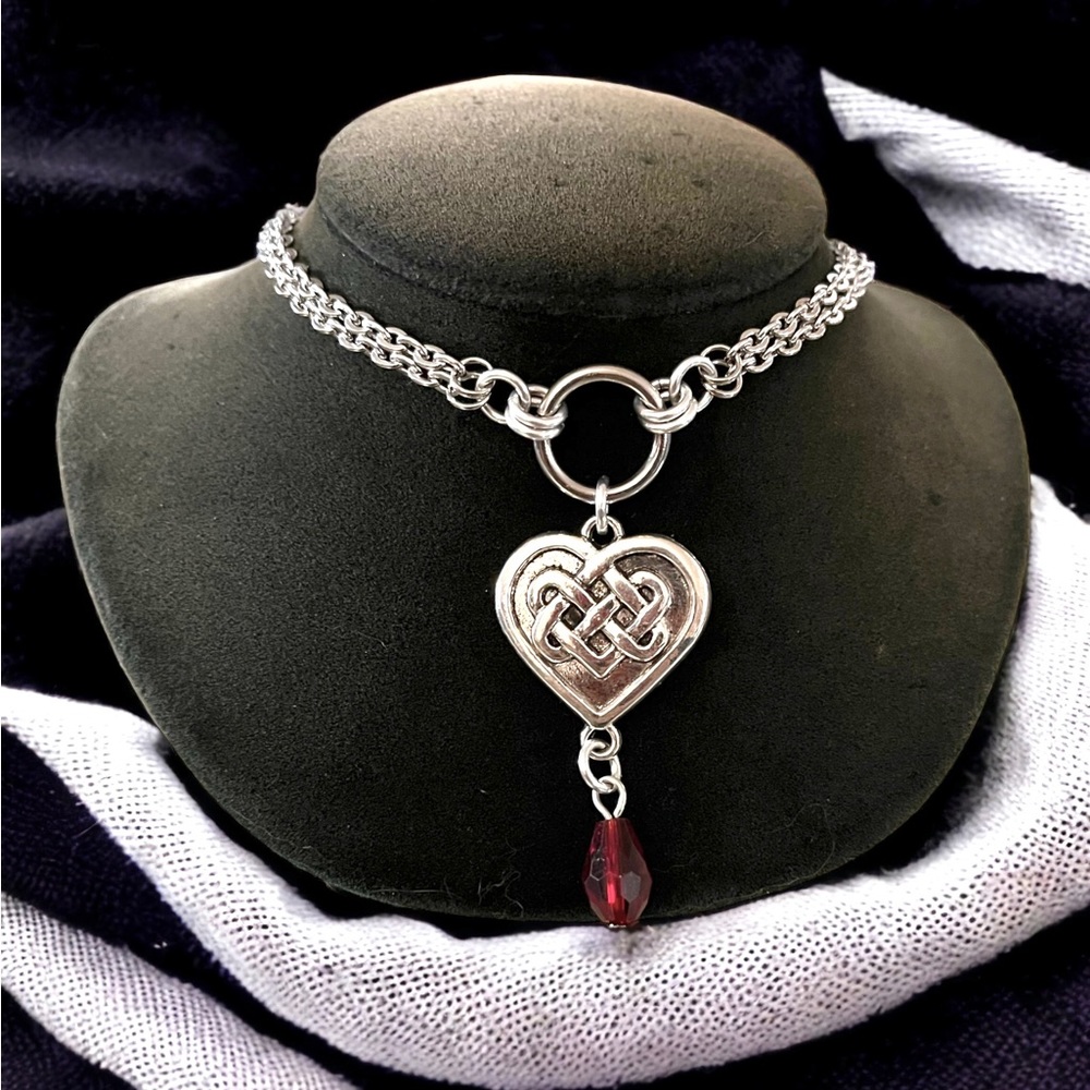 Double chain necklace celtic heart knot & dangly red crystal goth boho silver